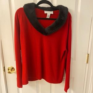 Red faux fur trimmed sweater